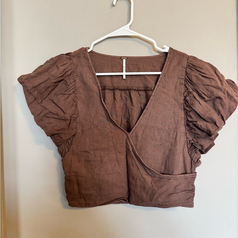 Free People Brown Ruffled Sleeved Wrapped V-Neck Cropped Women’s Blouse Top - Picture 1 of 8